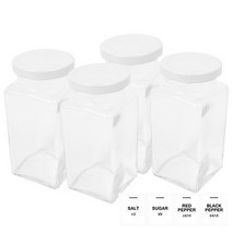 홈앤라이프 유리 사각 양념통 300g 4p + 금속 화이트캡 4p + 소금 스티커 + 설탕 스티커 + 후춧가루 스티커 + 고춧가루 스티커, 1세트