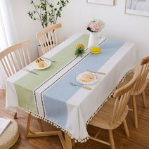 에이프릴16 북유럽감성 린넨 미니멀 테슬 식탁보, 그린 + 블루, 130 x 180 cm