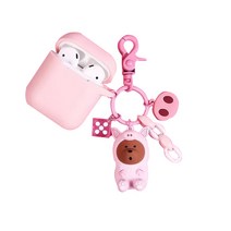 귀여운곰 에어팟 1 / 2 겸용 케이스 + 키링 세트, 공룡곰 핑크