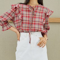 SOLOIST 키치 리본타이 프릴 체크 블라우스 SADJ3113