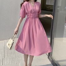 아뗄릭 여성 V넥 셔링 퍼프 단추 데이트룩 미디 롱 원피스 13855