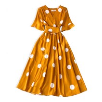 아뗄릭 허리 스트랩 땡땡이 무늬 브이넥 반팔 미디 롱 원피스 13823