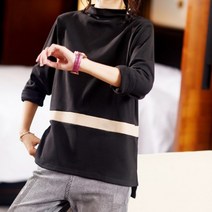 아뗄릭 여성용 원 라인 배색 하이 보트넥 심플 티셔츠 00289
