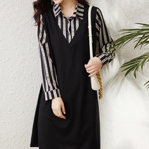 아뗄릭 스트라이프 카라넥 레터링 긴소매 원피스 00344