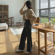 플랜데이 여성용 투버튼 뒷밴딩 핀턱 와이드 슬랙스
