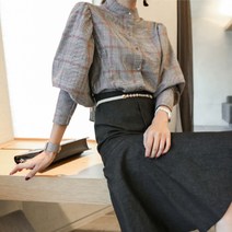 비비에모 우아한 체크 볼륨 블라우스 00713