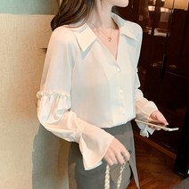메이첼 카라 브이넥 소매셔링 긴팔 블라우스 00399