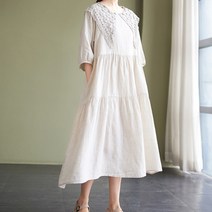 아뗄릭 세모 뜨개 레이스 카라 루즈핏 5부소매 롱 원피스 00668