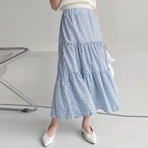 플랜데이 3단 캉캉 잔꽃 나염 밴딩 롱 스커트