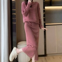 페이퍼먼츠 꽈배기 터틀넥 스웨터 사이드 버튼 슬림핏 스커트 투피스 세트 02919