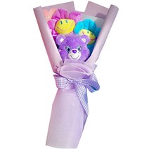 데이앤모어 미니 케어베어 인형 + 스마일꽃 2p + 꽃다발 포장 세트, 보라(인형)