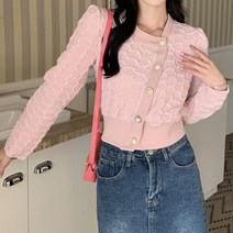 메이첼 여성용 프렌치 펄 버튼 플라워 슬리브 슬림 가디건 01690