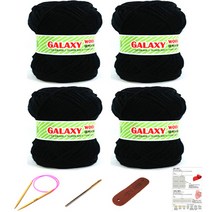 행복뜨기 갤럭시울 털 뜨개실 4볼 + 대바늘 6mm + 돗바늘 + 가죽라벨 + 목도리도안 세트, 2916 검정, 1세트