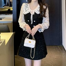 비비에모 인형 칼라 레이스 리본 자카드 광택 미니 원피스 02772