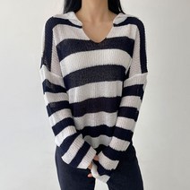 플랜데이 여성용 꾸안꾸 루즈핏 단가라 배색 부클 카라 니트