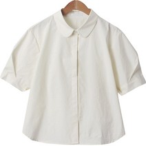 플랜데이 여성용 러블리한 둥근 카라 탄탄 코튼 반팔 셔츠