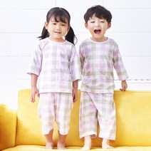올로미미 아동용 소프트체크 7부 자가드 실내복 상하 세트