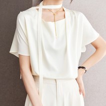 페이퍼먼츠 여성용 세련된 스카프 포인트 스퀘어넥 반소매 블라우스 티셔츠 05258