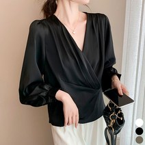 비비에모 세련미 브이넥 셔링 퍼프 블라우스 07170