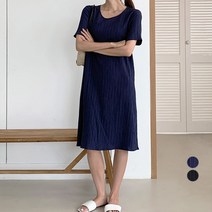 Afinar 여성용 라운드넥 플리츠 미디 원피스