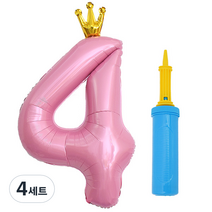 제이벌룬 은박 왕관 숫자풍선 대 4 + 손펌프세트, 핑크(풍선), 블루(손펌프), 4세트
