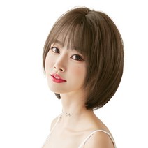 하이유니 스트레이트 펌 숏 컷 헤어 단발 통가발 가발 32cm + 가발망 + 거치대 세트, 쿨브라운