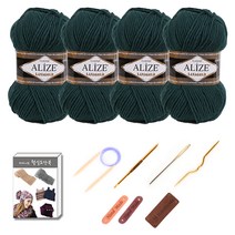 마마니트알리제 라나골드 실 4p 목도리 DIY 세트, 1세트, 426 블루그린