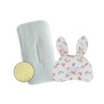 꿈꾸는두부 유아용 삼중 거즈 납작베개 + 토끼 짱구베개 세트, 옐로우민트(납작베개) + 곰돌이놀이터(짱구베개)