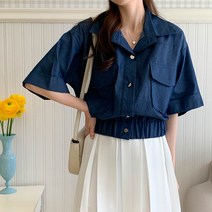 여성용 룩카라 루즈핏 카라 롤업 포켓 데님 반팔 셔츠 cpnb2465k33