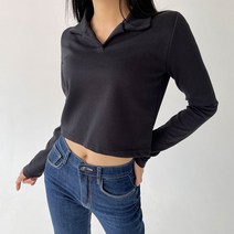 플랜데이 여성용 데일리 오픈 카라 무지 크롭 긴팔 티셔츠