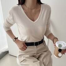 세컨그라운드 여성용 브이넥 베이직 긴팔 티셔츠