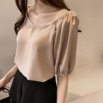 마더브띠 여성용 와이드 브이넥셔링 반팔 블라우스