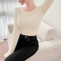 밀키버터 여성용 세미 부클 라운드넥 슬림 크롭 티셔츠