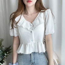 소이다 A라인 어깨 퍼프 엠보페플럼 블라우스