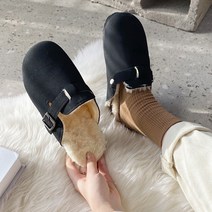 라블 여성용 털안감 스트랩 키높이 슬리퍼