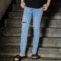 남성용 테이퍼드핏 무릎 데미지 워싱 데님팬츠