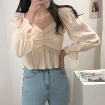 여리여리 하트넥 셔링 블라우스