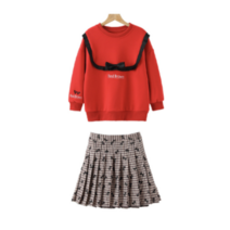 앤젤아이 여아용 기모리본 사각날개 카라 체크치마 세트