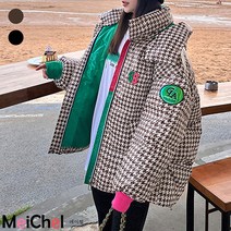메이첼 여성용 루즈핏 배색 포인트 체크 후드 패딩 점퍼 01704