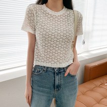 시크블랙 여성용 더나낭 레이스 반팔티셔츠 T9391K24