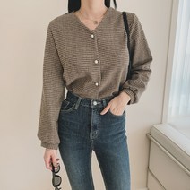 시크블랙 지더렌 브이넥 체크 블라우스 BL4332K1A