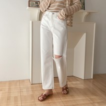 라라온 여성용 무릎 찢청 워싱 일자 와이드 팬츠