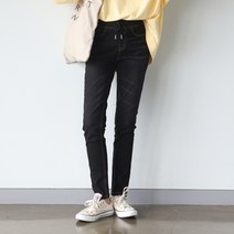 빼빼 여성용 데일리 허리밴딩 워싱 일자 스판데님 팬츠