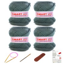 행복뜨기 스마트울 털실 뜨개실 4p + 대바늘 6mm + 돗바늘 + 가죽라벨 + 목도리도안, 2811 회색, 1세트