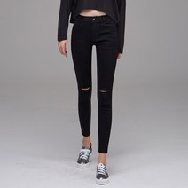 클로니아 여성용 블랙 무릎 절개 스판 스키니진 청바지 CU6W09