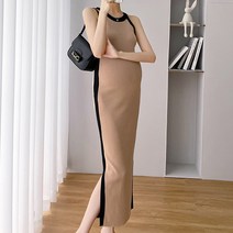 하이넥 라인 배색 트렌디 민소매 임산부 롱 원피스