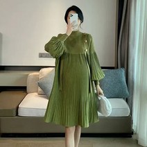 임산부 출산외출복 퍼프 주름 스티칭 긴팔 플리츠 원피스