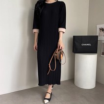 오키 여성용 플리츠 시보리 배색 원피스