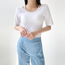 플랜데이 여성용 로프 쫀쫀 슬림 스판 크롭 반팔 티셔츠