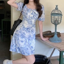 묘먀미 여성용 블루 리본타이 쉬폰원피스 MMM198